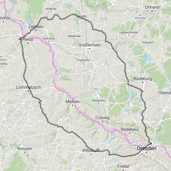 Map miniature of "Dresden Road Explorer" cycling inspiration in Dresden, Germany. Generated by Tarmacs.app cycling route planner