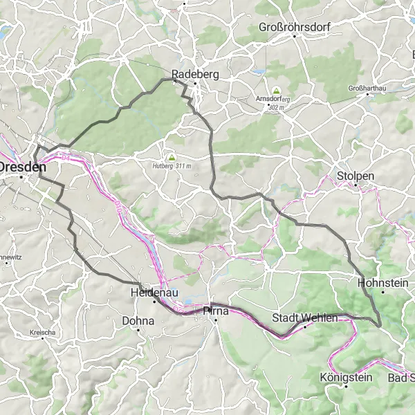 Map miniature of "Loop around Dresden's Suburbs" cycling inspiration in Dresden, Germany. Generated by Tarmacs.app cycling route planner