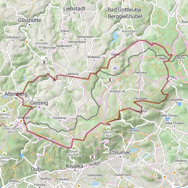 Map miniature of "Altenberg and Surroundings Gravel Adventure" cycling inspiration in Dresden, Germany. Generated by Tarmacs.app cycling route planner