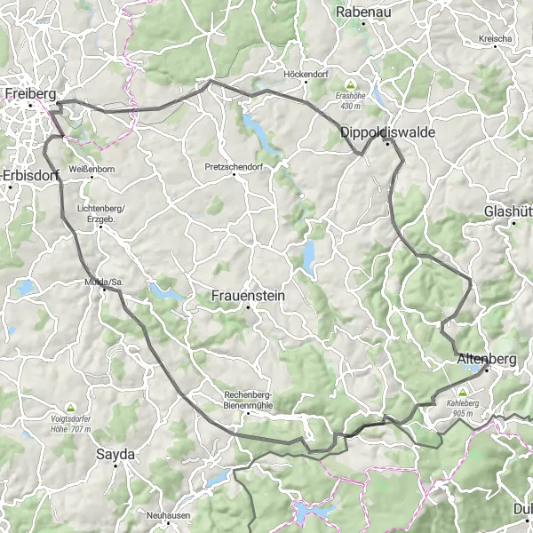 Map miniature of "Expedition to Dippoldiswalde" cycling inspiration in Dresden, Germany. Generated by Tarmacs.app cycling route planner