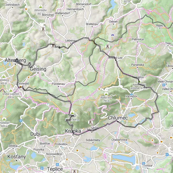 Karten-Miniaturansicht der Radinspiration "Hügeliges Straßenradfahren von Altenberg" in Dresden, Germany. Erstellt vom Tarmacs.app-Routenplaner für Radtouren