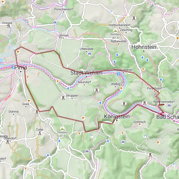 Map miniature of "Königstein Gravel Ride" cycling inspiration in Dresden, Germany. Generated by Tarmacs.app cycling route planner