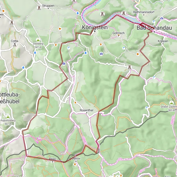 Map miniature of "Königstein to Papstdorf and Krähenhübel, round trip" cycling inspiration in Dresden, Germany. Generated by Tarmacs.app cycling route planner