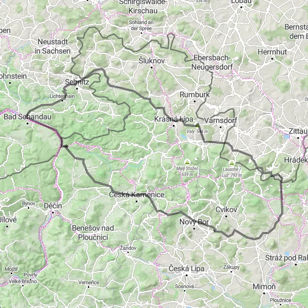 Karten-Miniaturansicht der Radinspiration "Sebnitz und Schrammsteine Runde" in Dresden, Germany. Erstellt vom Tarmacs.app-Routenplaner für Radtouren