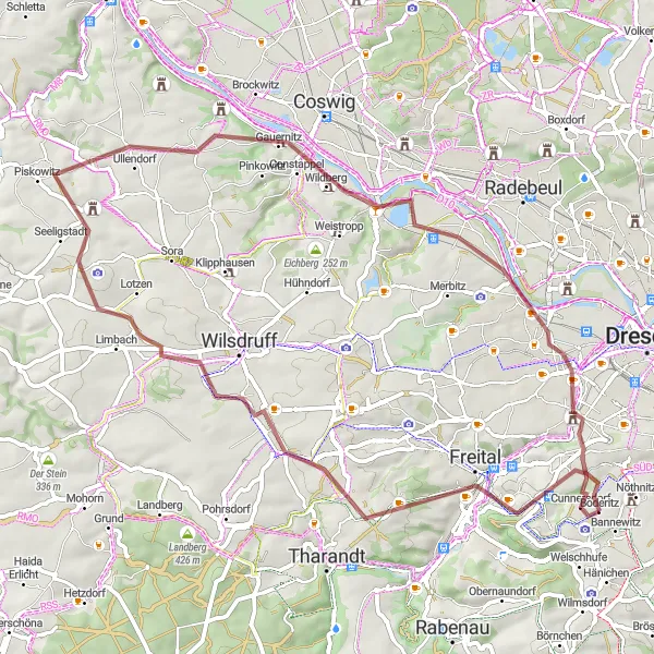 Map miniature of "Scenic Gravel Exploration" cycling inspiration in Dresden, Germany. Generated by Tarmacs.app cycling route planner