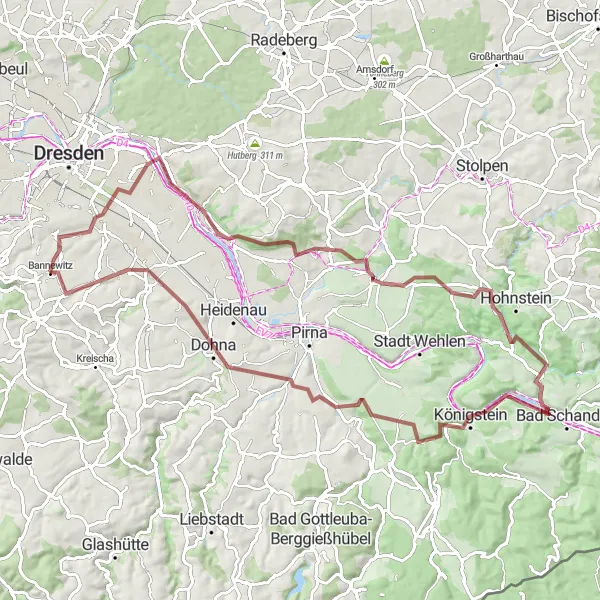Map miniature of "Dresden-Räcknitz Gravel Expedition" cycling inspiration in Dresden, Germany. Generated by Tarmacs.app cycling route planner