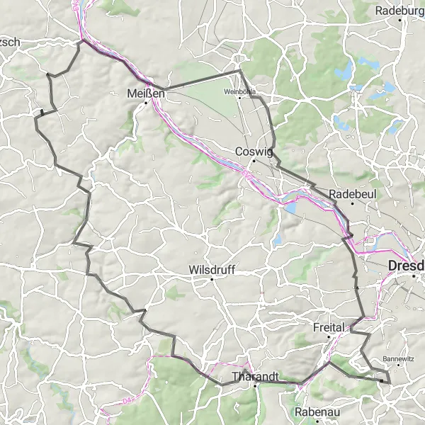 Map miniature of "Ultimate Biking Challenge: 100-km Road Cycling Adventure" cycling inspiration in Dresden, Germany. Generated by Tarmacs.app cycling route planner