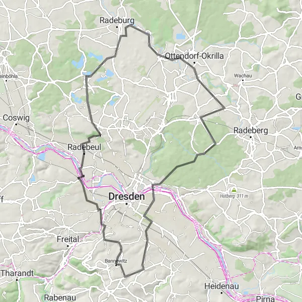 Karten-Miniaturansicht der Radinspiration "Rundreise um Bannewitz - Straßenroute" in Dresden, Germany. Erstellt vom Tarmacs.app-Routenplaner für Radtouren