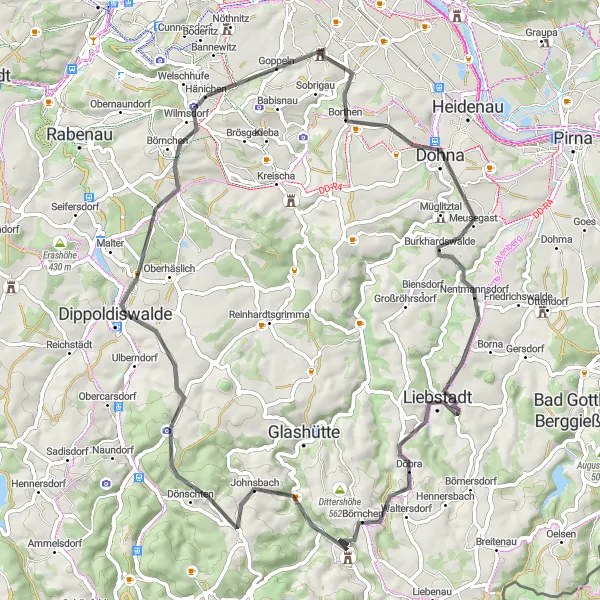 Map miniature of "Ancient Towns and Rural Landscapes: A Road Cycling Route" cycling inspiration in Dresden, Germany. Generated by Tarmacs.app cycling route planner