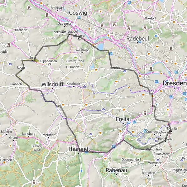 Karten-Miniaturansicht der Radinspiration "Rundreise um Bannewitz - Straßenroute" in Dresden, Germany. Erstellt vom Tarmacs.app-Routenplaner für Radtouren