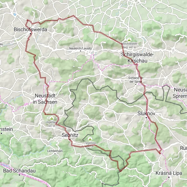 Karten-Miniaturansicht der Radinspiration "Gravelroute von Bischofswerda nach Šluknov und zurück" in Dresden, Germany. Erstellt vom Tarmacs.app-Routenplaner für Radtouren