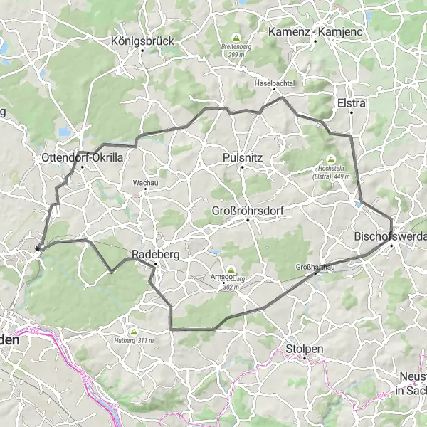Map miniature of "The Radeberg Road Adventure" cycling inspiration in Dresden, Germany. Generated by Tarmacs.app cycling route planner