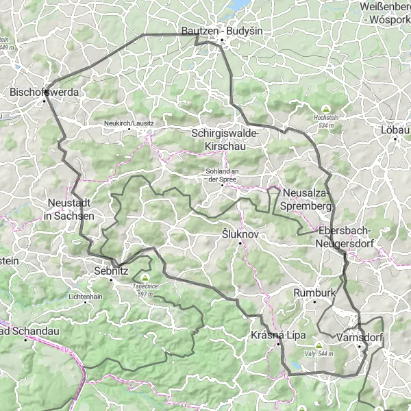 Map miniature of "Challenging Road Route Bischofswerda" cycling inspiration in Dresden, Germany. Generated by Tarmacs.app cycling route planner