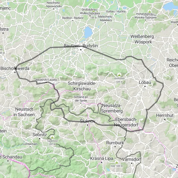 Karten-Miniaturansicht der Radinspiration "Bautzen - Budyšin Rundfahrt" in Dresden, Germany. Erstellt vom Tarmacs.app-Routenplaner für Radtouren