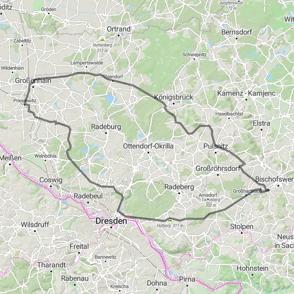 Map miniature of "Road Route Bischofswerda" cycling inspiration in Dresden, Germany. Generated by Tarmacs.app cycling route planner