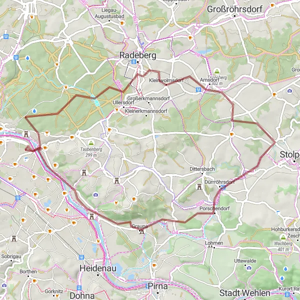 Map miniature of "Loschwitz - Erzberg - Lerchenberg - Arnsdorf - Dürrröhrsdorf - Sandberg - Rysselkuppe - Schloss Pillnitz - Schwebebahn Obere Station - Blasewitz" cycling inspiration in Dresden, Germany. Generated by Tarmacs.app cycling route planner