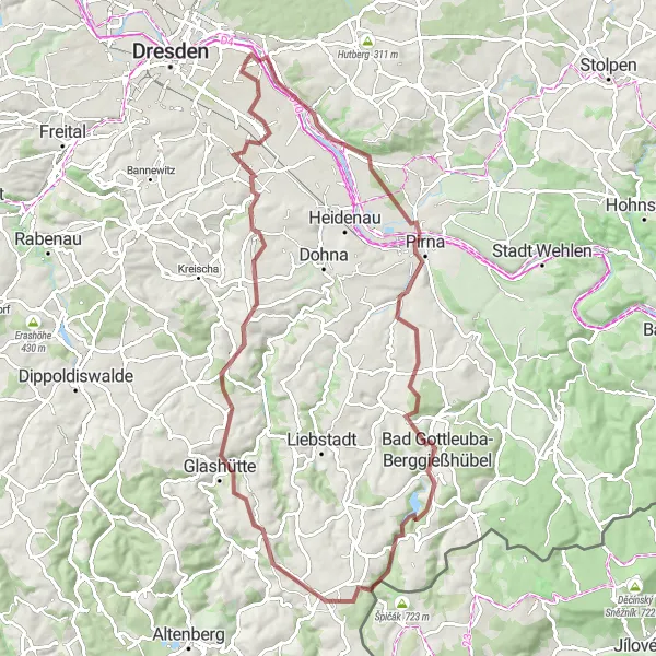 Map miniature of "Rysselkuppe - Pirna - Bügeleisen - Bad Gottleuba-Berggießhübel - Ochsenkopf - Glashütte - Steinberg - Reick" cycling inspiration in Dresden, Germany. Generated by Tarmacs.app cycling route planner