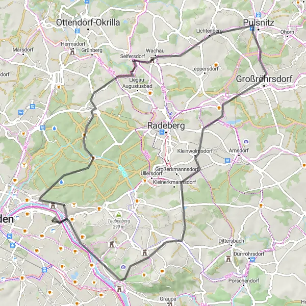 Map miniature of "Loschwitz - Friedensblick - Seifersdorf - Steinberg - Eichberg - Pulsnitz - Kleinröhrsdorf - Henne Berg - Pillnitz - Agneshöhe" cycling inspiration in Dresden, Germany. Generated by Tarmacs.app cycling route planner