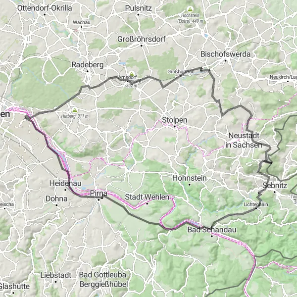 Map miniature of "Road Cycling Route 3" cycling inspiration in Dresden, Germany. Generated by Tarmacs.app cycling route planner