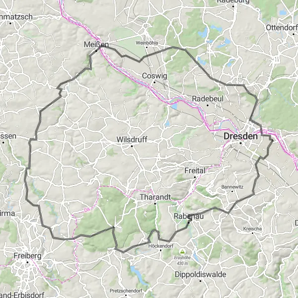 Map miniature of "Road Cycling Route 2" cycling inspiration in Dresden, Germany. Generated by Tarmacs.app cycling route planner