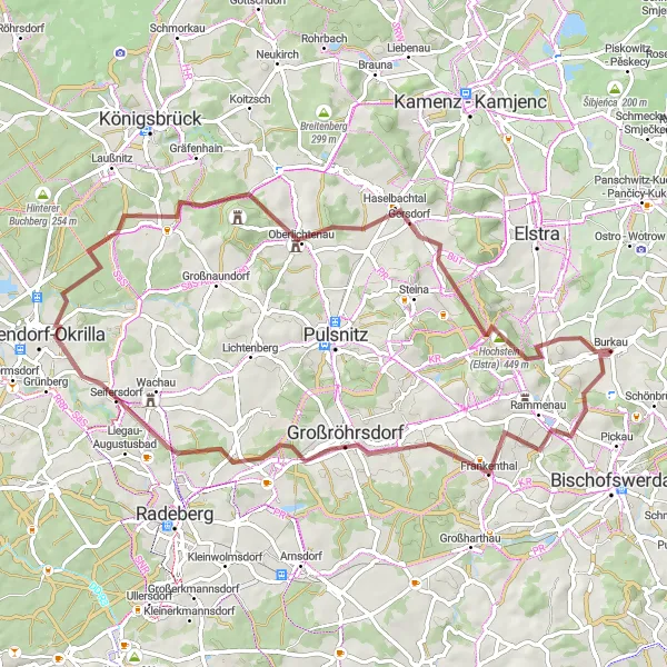 Map miniature of "Glorious Gravel Discoveries" cycling inspiration in Dresden, Germany. Generated by Tarmacs.app cycling route planner