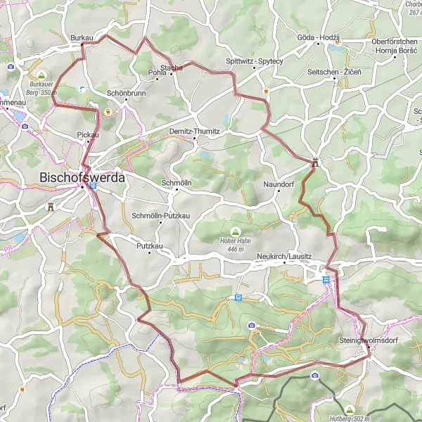 Map miniature of "Gravel Adventure through Karlsdorf and Burkauer Berg" cycling inspiration in Dresden, Germany. Generated by Tarmacs.app cycling route planner