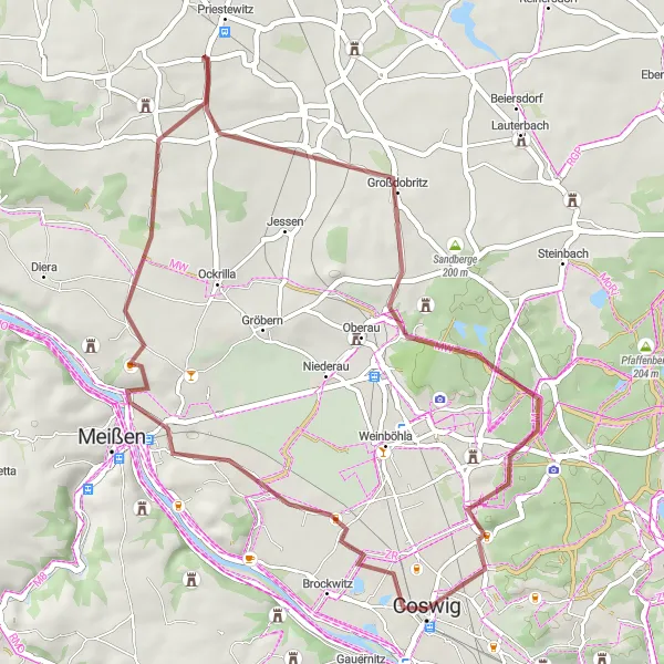 Map miniature of "Gravel Cycling Route - Coswig to Kockelsberg" cycling inspiration in Dresden, Germany. Generated by Tarmacs.app cycling route planner