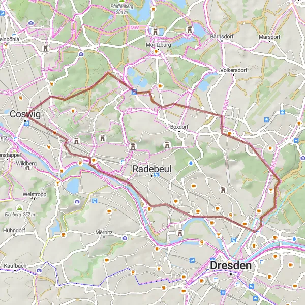 Karten-Miniaturansicht der Radinspiration "Rund um Coswig und Dresden auf Schotterwegen" in Dresden, Germany. Erstellt vom Tarmacs.app-Routenplaner für Radtouren