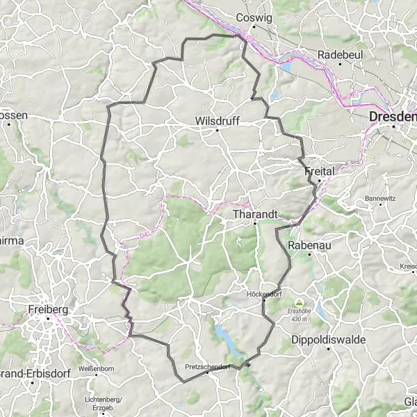 Map miniature of "Coswig to Gauernitz Road Cycling Route" cycling inspiration in Dresden, Germany. Generated by Tarmacs.app cycling route planner