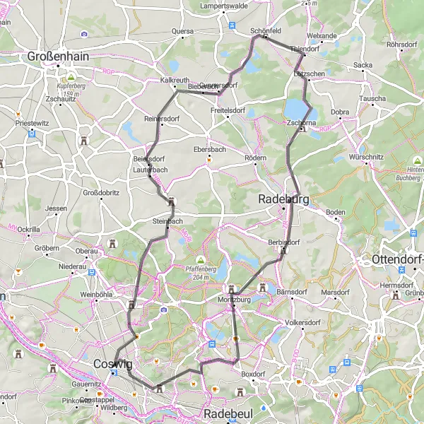 Map miniature of "Road Cycling Route - Coswig to Schloss Wackerbarth" cycling inspiration in Dresden, Germany. Generated by Tarmacs.app cycling route planner