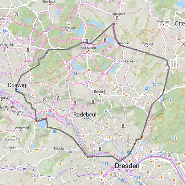 Karten-Miniaturansicht der Radinspiration "Rundtour durch die Umgebung von Coswig" in Dresden, Germany. Erstellt vom Tarmacs.app-Routenplaner für Radtouren