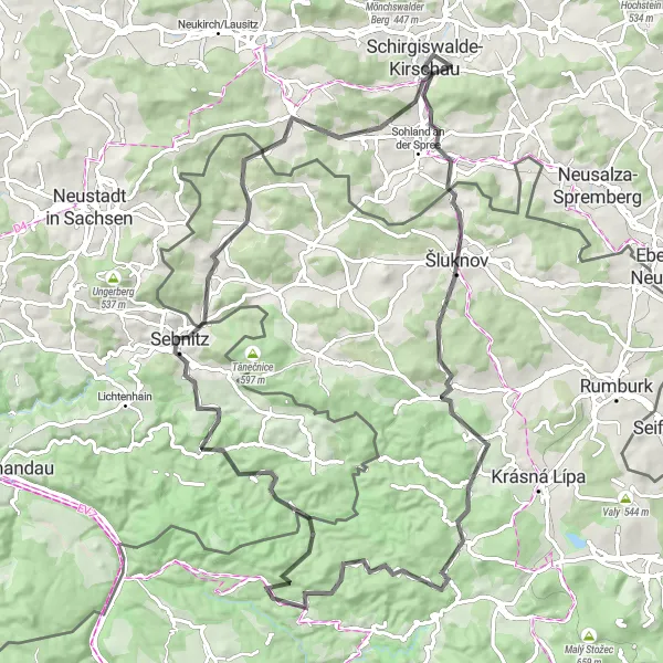 Map miniature of "Crostau - Isabella - Šluknov - Vlčí hora - Rudolfův kámen - Větrovec - Hubenberg - Dolní Poustevna - Steinigtwolmsdorf - Funkenberg - Crostau" cycling inspiration in Dresden, Germany. Generated by Tarmacs.app cycling route planner