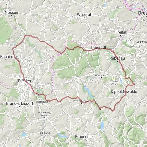 Map miniature of "Gravel Adventures" cycling inspiration in Dresden, Germany. Generated by Tarmacs.app cycling route planner