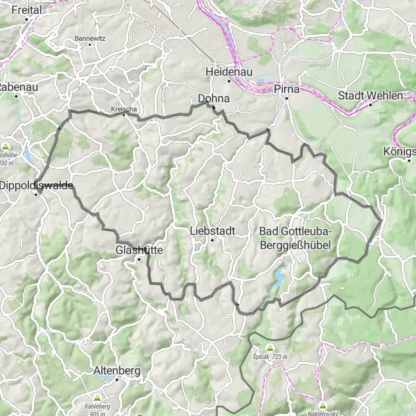 Map miniature of "The Dippoldiswalde Circuit" cycling inspiration in Dresden, Germany. Generated by Tarmacs.app cycling route planner