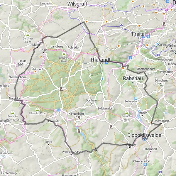 Map miniature of "Romantic Road Loop near Dippoldiswalde" cycling inspiration in Dresden, Germany. Generated by Tarmacs.app cycling route planner