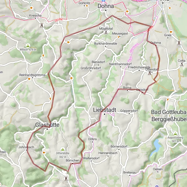 Map miniature of "Gravel Adventure: Dohma Loop" cycling inspiration in Dresden, Germany. Generated by Tarmacs.app cycling route planner