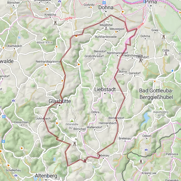 Karten-Miniaturansicht der Radinspiration "Gravel-Abenteuer durch das Osterzgebirge" in Dresden, Germany. Erstellt vom Tarmacs.app-Routenplaner für Radtouren