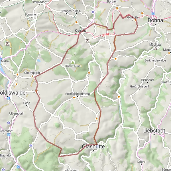 Map miniature of "The Hills of Dohna" cycling inspiration in Dresden, Germany. Generated by Tarmacs.app cycling route planner