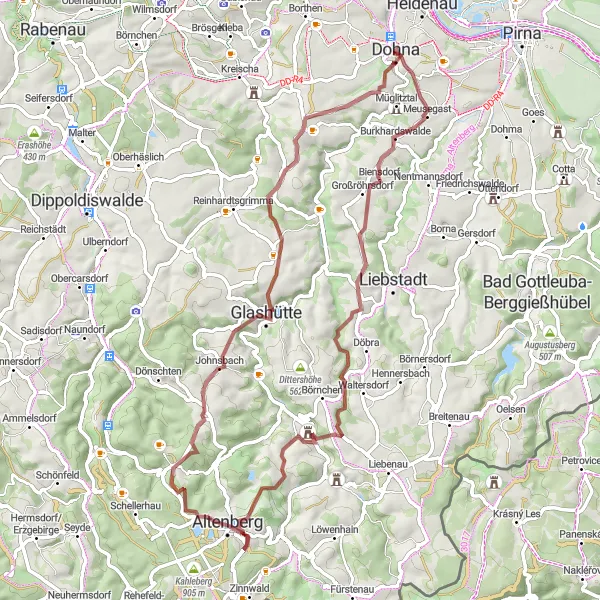 Map miniature of "Dohna to Biensdorf Gravel Ride" cycling inspiration in Dresden, Germany. Generated by Tarmacs.app cycling route planner