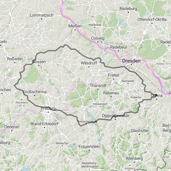 Map miniature of "Mountainous Loop through Dippoldiswalde and Freiberg" cycling inspiration in Dresden, Germany. Generated by Tarmacs.app cycling route planner