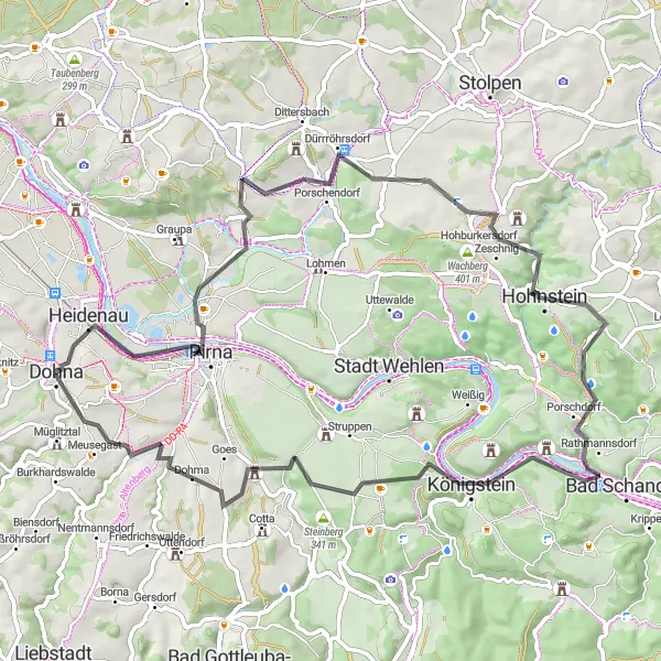 Map miniature of "Hilly Road Adventure through Heidenau and Hohnstein" cycling inspiration in Dresden, Germany. Generated by Tarmacs.app cycling route planner