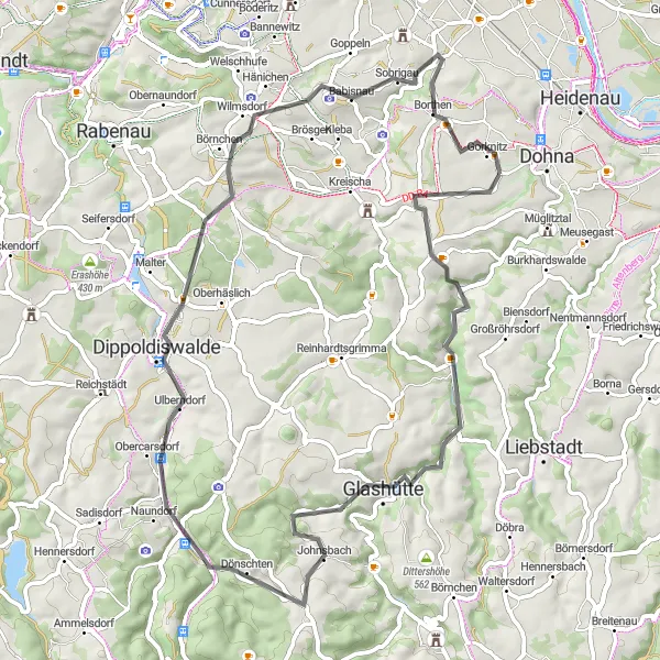 Map miniature of "Maxen Circular Road Route" cycling inspiration in Dresden, Germany. Generated by Tarmacs.app cycling route planner