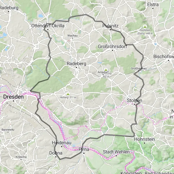 Map miniature of "Dresden-Maxen Road Route" cycling inspiration in Dresden, Germany. Generated by Tarmacs.app cycling route planner