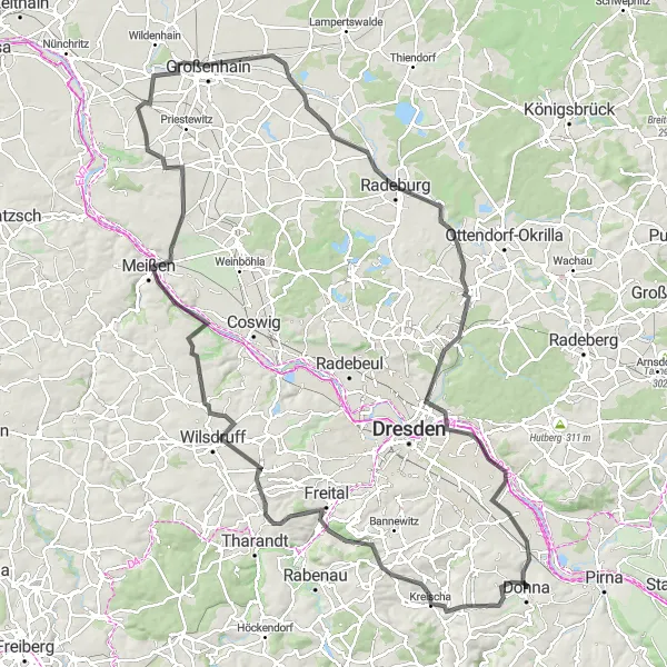 Karten-Miniaturansicht der Radinspiration "Große Rundtour von Kreischa nach Meuschaer Höhe" in Dresden, Germany. Erstellt vom Tarmacs.app-Routenplaner für Radtouren