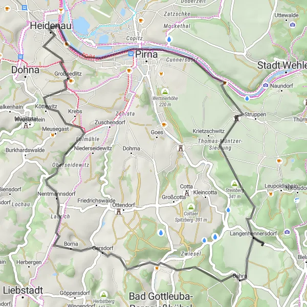 Map miniature of "Pirna to Heidenau Road Loop" cycling inspiration in Dresden, Germany. Generated by Tarmacs.app cycling route planner