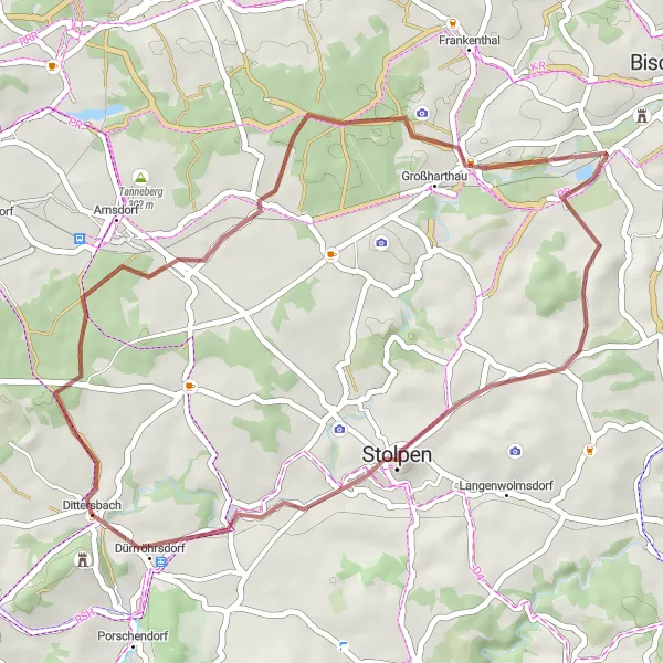 Map miniature of "Dürrröhrsdorf Gravel Route" cycling inspiration in Dresden, Germany. Generated by Tarmacs.app cycling route planner