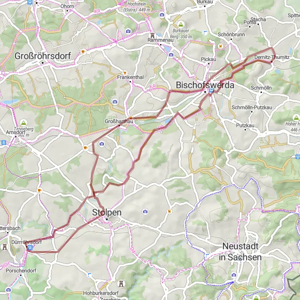 Karten-Miniaturansicht der Radinspiration "Dürrröhrsdorf - Dürrröhrsdorf (54 km, 466 m, Schotter)" in Dresden, Germany. Erstellt vom Tarmacs.app-Routenplaner für Radtouren