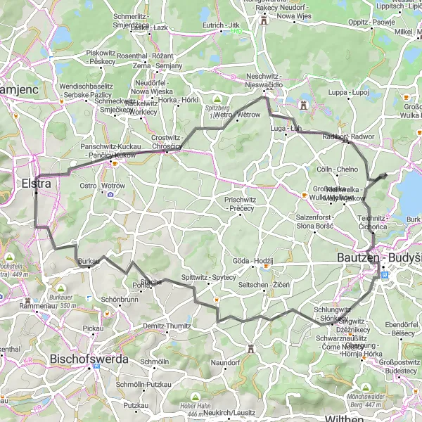 Karten-Miniaturansicht der Radinspiration "Rundweg ab Elstra über Totenberg nach Kindisch" in Dresden, Germany. Erstellt vom Tarmacs.app-Routenplaner für Radtouren