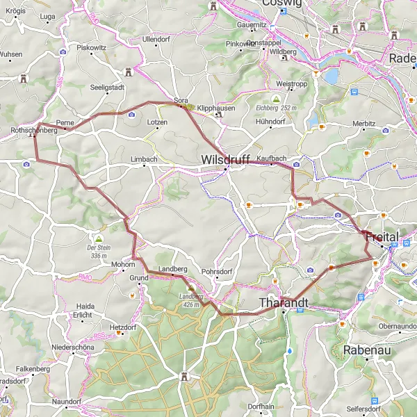 Map miniature of "Tharandt and Rocky Mountains Gravel Route" cycling inspiration in Dresden, Germany. Generated by Tarmacs.app cycling route planner