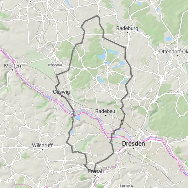 Karten-Miniaturansicht der Radinspiration "Rund um Freital: Weinberge und historische Höfe" in Dresden, Germany. Erstellt vom Tarmacs.app-Routenplaner für Radtouren